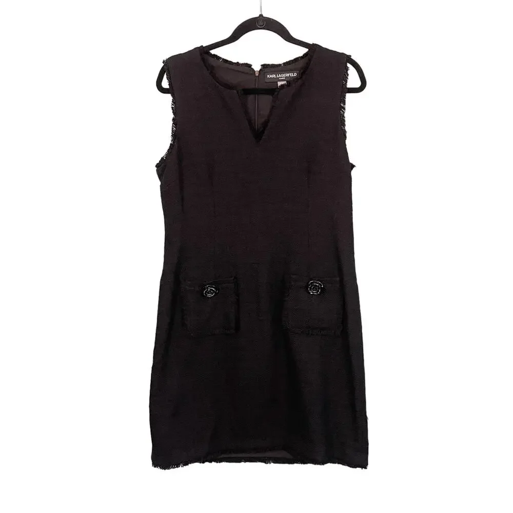 Karl Lagerfeld Paris Dress Womens 12 Black Fringes Mini Sheath Sleeveless NWOT - Picture 1 of 10